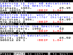 Screen from Booklist for ZX Spectrum