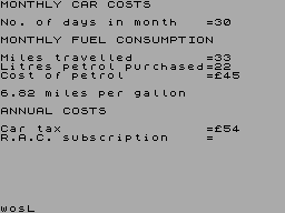 Screen from Car Costs