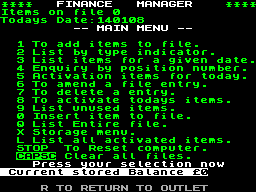 Screen from Finance Manager