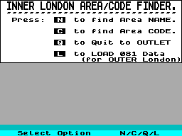 Screen from London Area and Code Finder