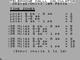 Screen from Telephone Call Calculator