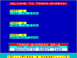 Screen from Trans-Express 85.2 - Tape to Disk + Disk to Disk