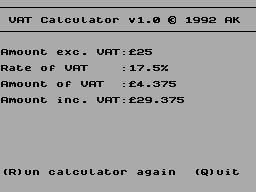 Screen from VAT Calc