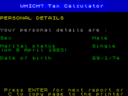 Screen from Which? Taxcalc 1983-84