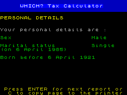 Screen from Which? Taxcalc 1985-86